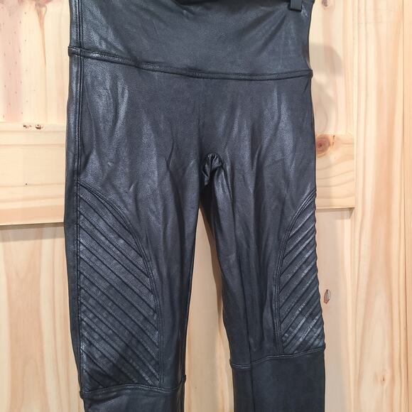 Spanx 20136R Full Length Moto Leggings Black Shiny Faux Leather Pants Size S - Picture 2 of 13